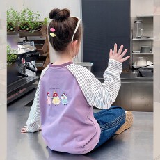 批发270g德绒 女童洋气拼接条纹长袖<b class='q'>t</b><b class='q'>恤</b>新款插肩袖春秋装打底衫上衣
