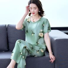 批发新款人造棉<b class='q'>短袖</b>九分裤棉绸女士<b class='q'>睡衣</b>女装两件套套装气质家居服短裤