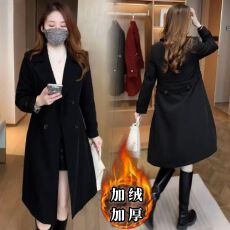 批发M---4XL加<b class='q'>绒</b>风衣外套女款秋冬季时尚过膝保暖中长款收腰外套