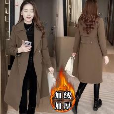 批发M---4XL加绒风衣外套女款秋<b class='q'>冬</b>季时尚过膝保暖中长款收腰外套