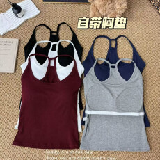 批发美式甜辣小吊带带胸垫背心女<b class='q'>夏</b>外穿美背螺纹内搭打底无袖挂脖上衣