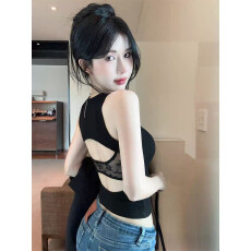 批发纯欲辣妹设计感拼接蕾丝上衣女性感镂空露背修身显瘦胸垫<b class='q'>工字</b>背心