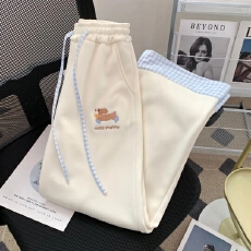 批发小狗刺绣可爱拼接格子直筒<b class='q'>裤</b>甜美休闲春夏新款百搭宽松阔腿<b class='q'>裤</b><b class='q'>女生</b>