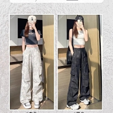 批发黑色扎染工装裤女夏季薄款2026新款高腰直筒阔腿小个子迷彩<b class='q'>运动</b>裤