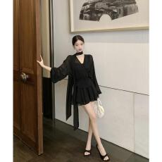 批发法式黑色飘带<b class='q'>雪纺</b>长袖连衣裙女装夏季气质收腰a字<b class='q'>短裙</b>巨好看裙子