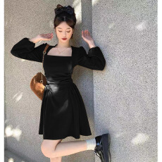 批发微胖mm法式方领长袖<b class='q'>连衣裙</b>春秋大码女装复古收腰显瘦茶歇a字短裙