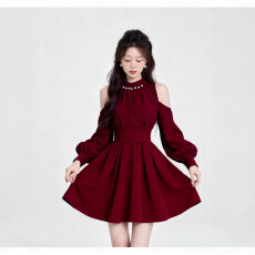 批发法式波点v领长袖雪纺连衣裙女夏季大码胖mm设计感别致收腰a字短裙