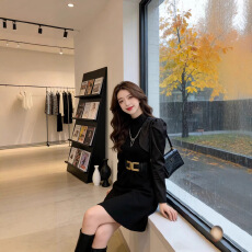 批发小个子短裙春秋休闲装黑色气质修身<b class='q'>连衣裙</b>新款<b class='q'>长袖</b>收腰显瘦裙子