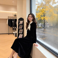 批发休闲大码加绒加春秋冬装法式蝴蝶结丝绒<b class='q'>连衣裙</b>女气质温柔风中裙