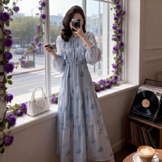 批发欧美休闲<b class='q'>雪纺</b>女法式轻奢蓝冰玫瑰长裙韩国chic边松紧腰印花<b class='q'>连衣裙</b>