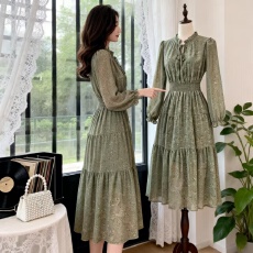 批发欧美春秋法式复古甜美荷叶领<b class='q'>连衣裙</b>灯笼袖松紧腰显瘦印花裙<b class='q'>雪纺</b>裙