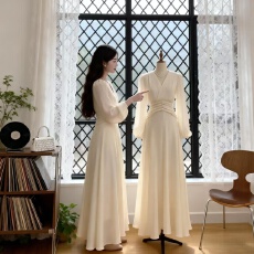 批发修身显瘦长袖秋冬装法式优雅V领<b class='q'>雪纺</b>长裙新款收腰大摆<b class='q'>连衣裙</b>