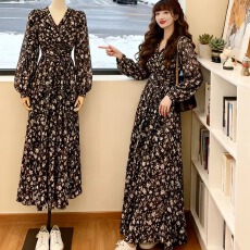 批发少妇长袖收腰新款裙新V领性感<b class='q'>连衣裙</b><b class='q'>开叉</b>韩版战袍秋季碎花