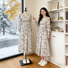 批发碎花雪纺连衣<b class='q'>裙</b>春夏气质长袖辣妈韩版大<b class='q'>裙</b>摆波西米亚法式<b class='q'>欧美</b>风