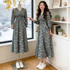 批发收腰少妇V领长袖性感辣妈碎花连衣大摆裙韩版新款<b class='q'>开叉</b>裙波西米亚