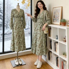 批发<b class='q'>开叉</b>跨境辣妹显瘦<b class='q'>连衣裙</b>大裙摆大码宽松显瘦新品收腰V领长袖绿色