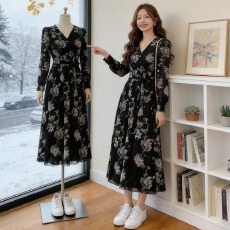 批发宽松辣妹V领大裙摆新品显瘦<b class='q'>连衣裙</b><b class='q'>开叉</b>收腰大码长袖显瘦波西米亚