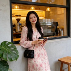 批发女绑带碎花法式V领复古雪纺长袖显瘦收腰性感连衣裙开衩宝妈战袍