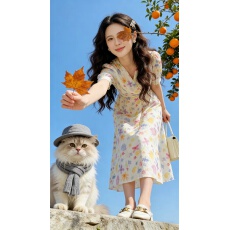 批发港风碎花法式法式收腰V领设计<b class='q'>雪纺</b><b class='q'>短袖</b>中长印花复古长款收腰裙子