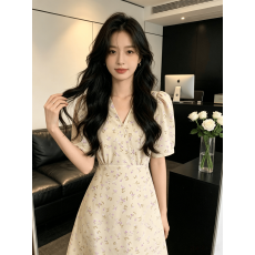 批发新款休闲新款旗袍性感妈妈<b class='q'>欧美</b>旗袍中长泡泡修身V领短袖修身显瘦