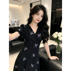 批发新款休闲新款旗袍性感妈妈<b class='q'>欧美</b>旗袍中长泡泡修身V领短袖修身显瘦