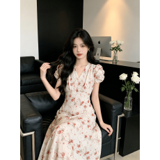 批发法式旗袍夏季波点V领裙新款少女装法式休闲性感短袖修身显瘦<b class='q'>欧美</b>
