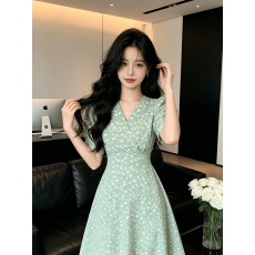 批发新款休闲新款旗袍性感妈妈<b class='q'>欧美</b>旗袍中长泡泡修身V领短袖修身显瘦