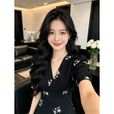 批发新款休闲新款旗袍***妇<b class='q'>欧美</b>旗袍中长泡泡修身V领短袖修身显瘦