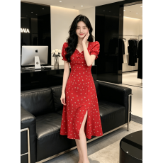 批发短袖新款法式旗袍外贸旗袍休闲方领裙辣妹甜美泡泡袖性感夏天开叉