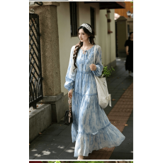 批发法式茶歇v领孕妇长袖<b class='q'>连衣裙</b>女宽松新款早春收腰显瘦大码a字长裙子