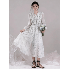 批发法式碎花<b class='q'>连衣裙</b>女春季新款女神范温韩版柔风收腰显瘦约会雪纺长裙