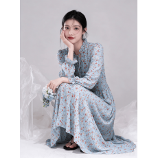 批发雪纺长款秋冬季中长妈妈装新款辣妈长袖<b class='q'>连衣裙</b>韩版品碎花茶歇法式
