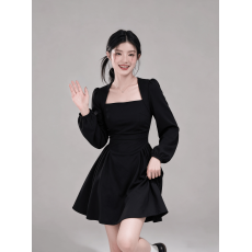 批发微胖mm法式方领长袖<b class='q'>连衣裙</b>春秋大码女装复古收腰显瘦茶歇a字短裙