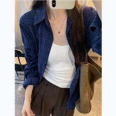 批发蓝色格子衬衫外套女2026春夏新款法式复古慵懒风长袖外穿衬衣上衣
