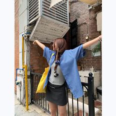 批发美式复古蓝色格子短袖衬衫女夏季刺绣宽松百搭设计感小众休闲衬衣