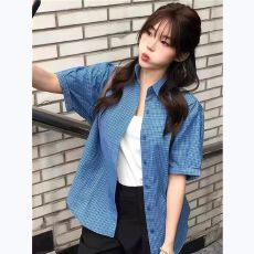 批发气质美式复古蓝色格子短袖衬衫女夏季新款宽松百搭设计感休闲上衣