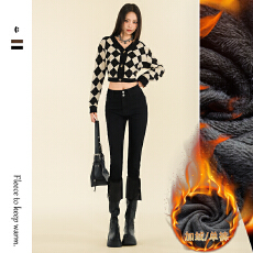 批发三色加绒黑色小脚裤女2025年秋冬新款双扣毛边高腰显瘦<b class='q'>弹力</b><b class='q'>铅笔裤</b>