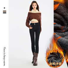 批发加绒黑色牛仔小脚裤女2025秋冬双扣毛边高腰显瘦<b class='q'>弹力</b><b class='q'>铅笔裤</b>