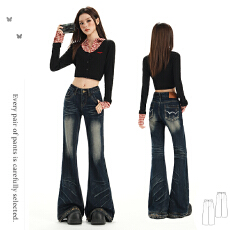 批发美式辣妹/高腰复古设计微喇裤6年春秋季<b class='q'>时尚</b>百搭显瘦牛仔裤女