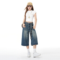 批发复古蓝阔腿七分牛仔<b class='q'>裤</b>女2026年春<b class='q'>夏季</b>新款高腰显瘦宽松垂感<b class='q'>裤</b>子