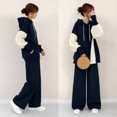 批发2025秋冬新款日系连帽撞色长袖上衣阔腿长裤两件套