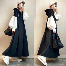 批发日系2025秋季新款撞色宽松长款连帽<b class='q'>连衣</b>裙