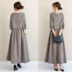 批发日系2025秋季新款圆领格子七分袖<b class='q'>连衣</b>裙