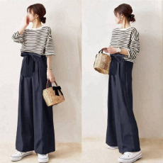 批发2025秋季新款圆领<b class='q'>条纹</b><b class='q'>T</b><b class='q'>恤</b>上衣直筒绑带长裤两件套