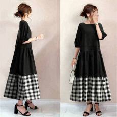 批发日系2025夏季新款圆领中袖<b class='q'>拼接</b>格纹<b class='q'>连衣裙</b>