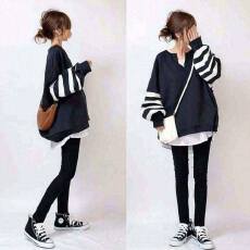 批发日系2025早春设计感v领条纹宽松休闲女士卫衣