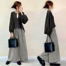 批发日系2025春季新款圆领灯笼袖上衣压褶长裤两件套<b class='q'>套装</b>