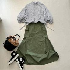 批发日系2025春季新圆领7分灯笼袖条纹衬衫工装口袋半裙两件套