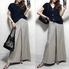 批发日系2025春季v领系扣短袖毛织上衣阔腿长裤两件套