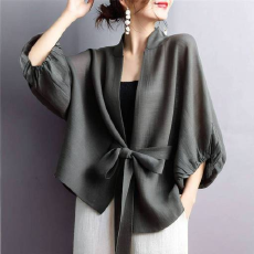 批发日系2025年秋季新款韩国腰绑带灯笼7分袖上衣